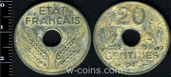 Монета Франція 20 сантимів 1943
