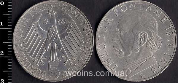 Монета Німеччина 5 марок 1969