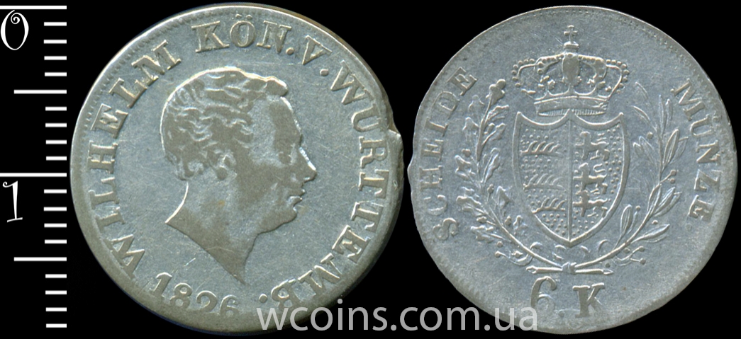 Монета Вюртемберг 6 крейцерів 1826