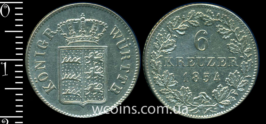 Монета Вюртемберг 6 крейцерів 1854