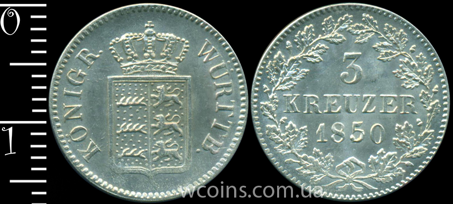 Монета Вюртемберг 3 крейцера 1850