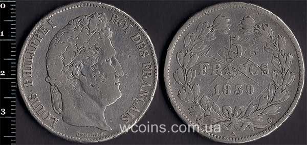Монета Франція 5 франків 1839