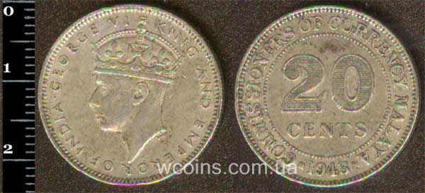 Монета Малайзія 20 центів 1943