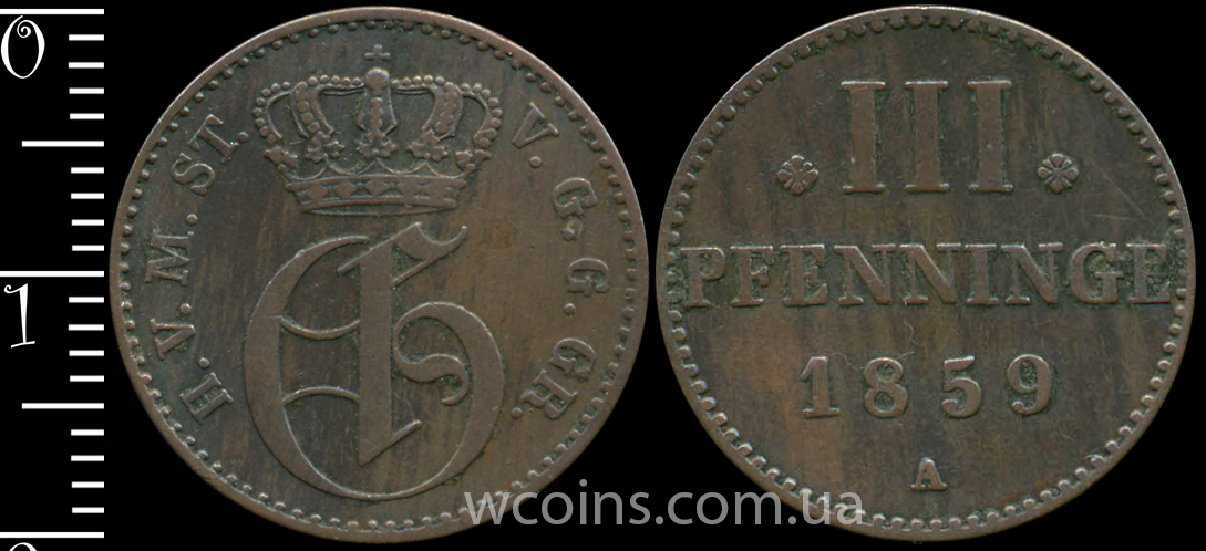 Монета Мекленбург-Стреліц 3 пфеніга 1859 А