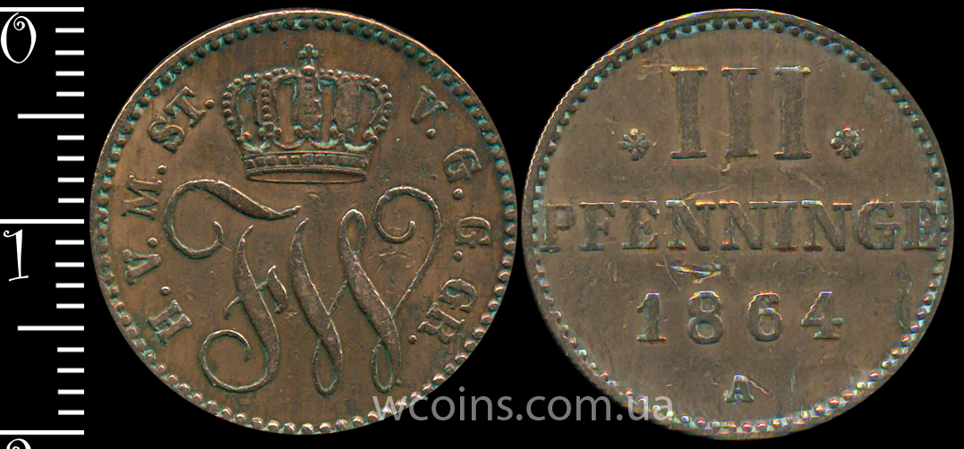 Монета Мекленбург-Стреліц 3 пфеніга 1864 А