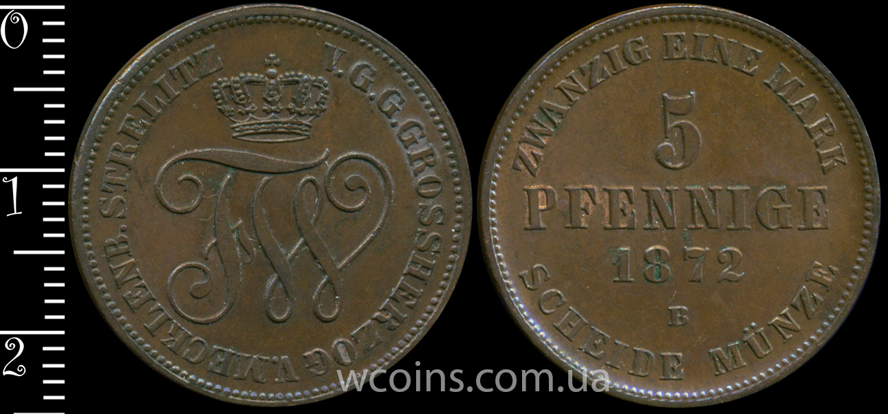 Монета Мекленбург-Стреліц 5 пфенігів 1872 В