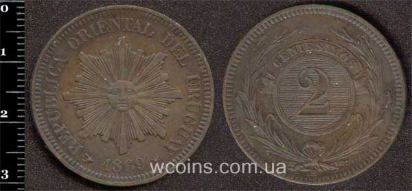 Монета Уругвай 2 сентесимо 1869