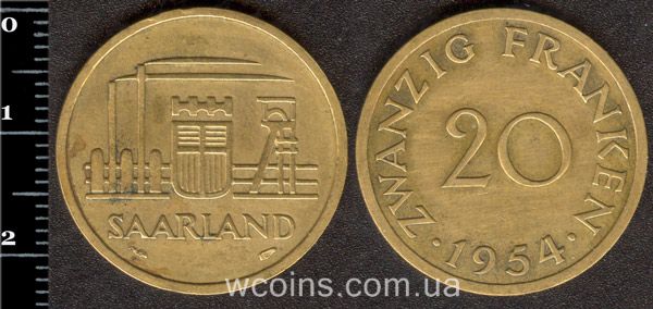 Монета Са́ар 20 франків 1954