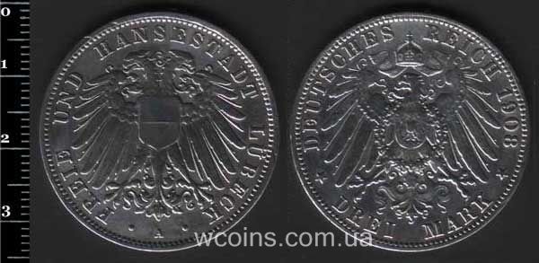 Монета Любек 3 марки 1908