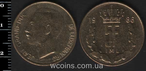 Монета Люксембург 5 франків 1986