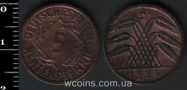 Монета Німеччина 5 рентпфеннингів 1924