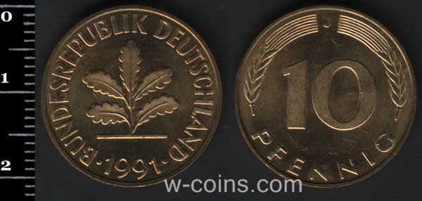 Монета Німеччина 10 пфенігів 1991
