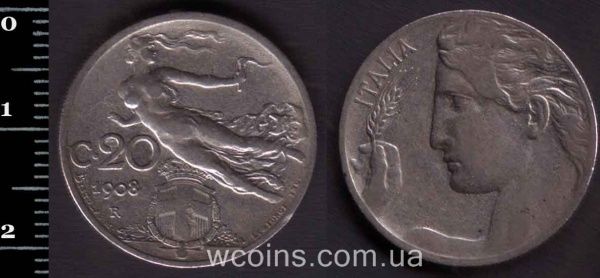 Монета Італія 20 чентезимо 1908