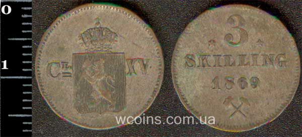 Монета Норвеґія 3 скіллінга 1869