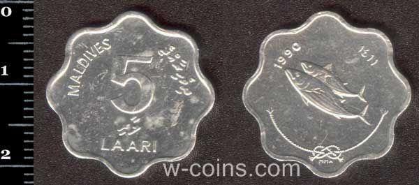 Монета Мальдіви 5 лаарі 1990
