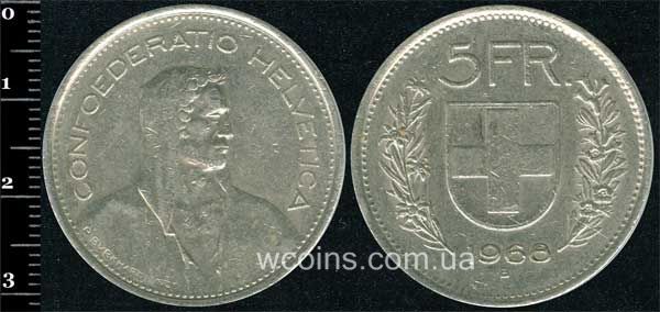 Монета Швейцарія 5 франків 1968