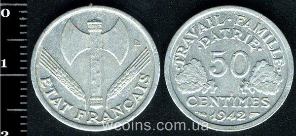 Монета Франція 50 сантимів 1942