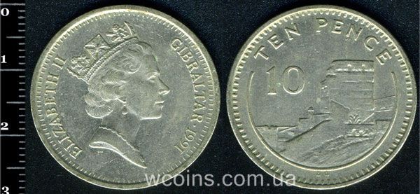 Монета Ґібралтар 10 пенсів 1991