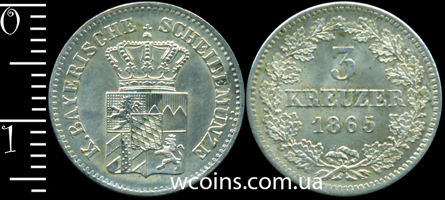Монета Баварія 3 крейцера 1865