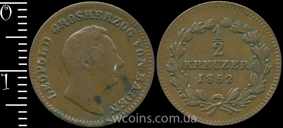 Монета Баден 1/2 крейцер 1852