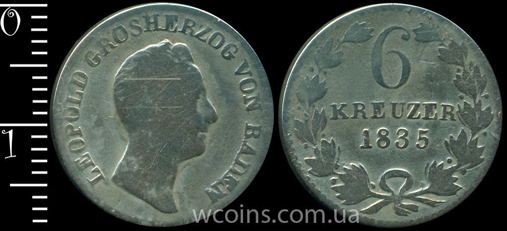 Монета Баден 6 крейцерів 1835