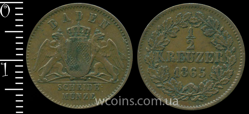 Монета Баден 1/2 крейцера 1865