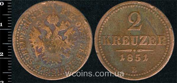 Монета Австрія 2 крейцерa 1851