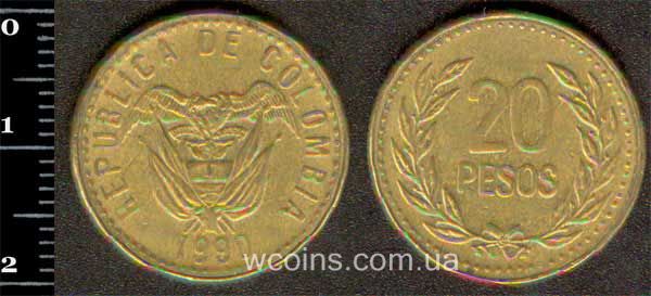 Монета Колумбія 20 песо 1990