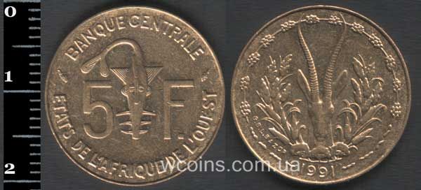 Монета Західно-Африканські Держави 5 франків 1991