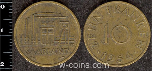 Монета Са́ар 10 франків 1954