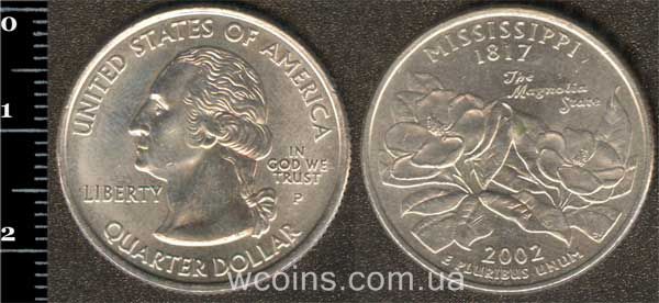 Монета США 25 центів 2002 Міссісіпі