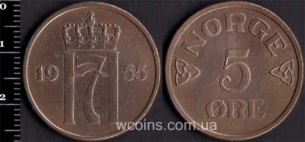 Монета Норвеґія 5 ере 1955
